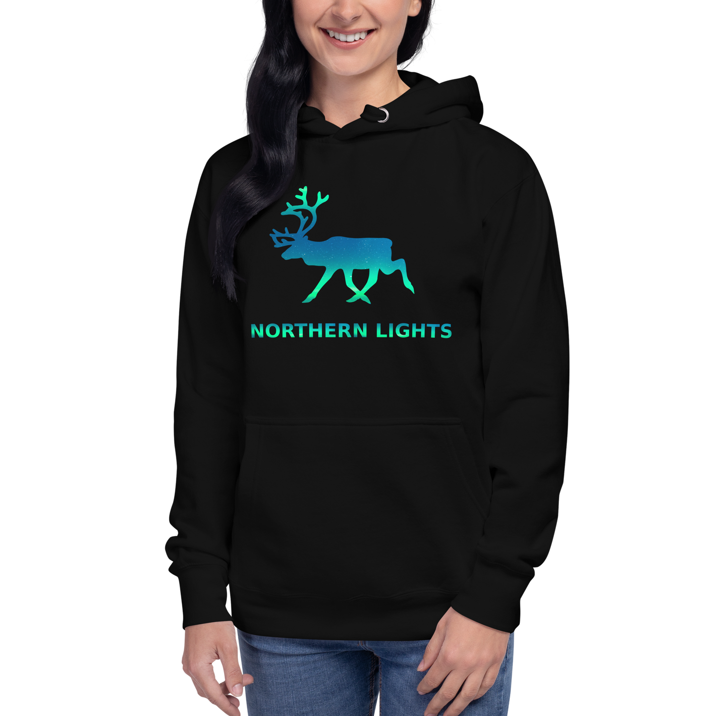 Northern Lights hoodie featuring a reindeer.