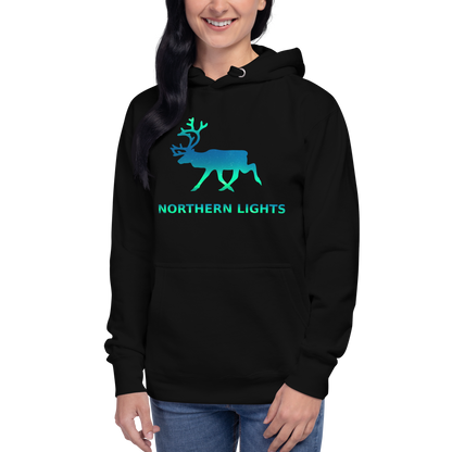 Northern Lights hoodie featuring a reindeer.