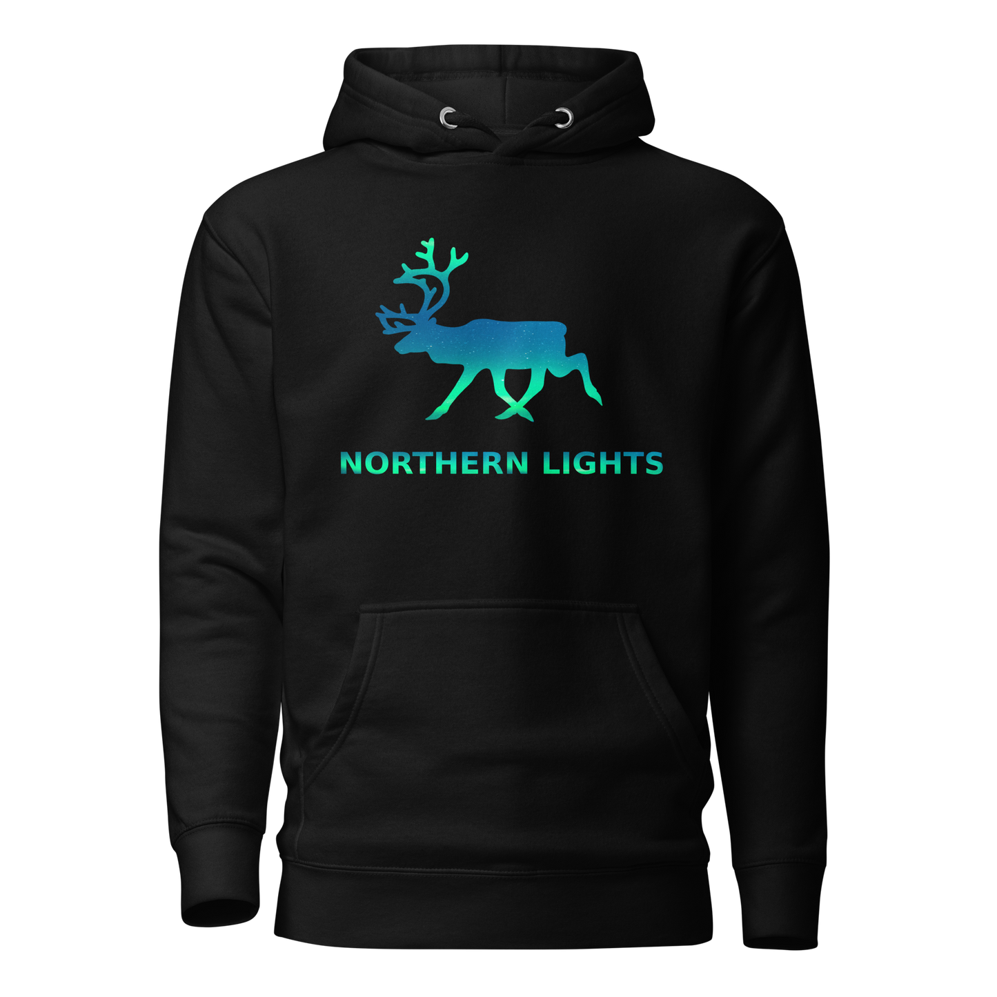 Hoodie featuring the Northern Lights and a raindeer.