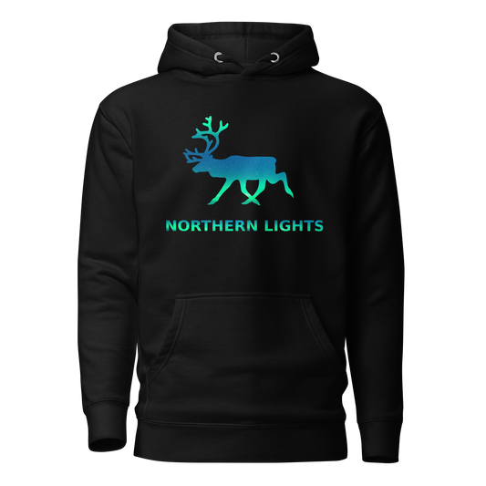 Hoodie featuring the Northern Lights and a raindeer.