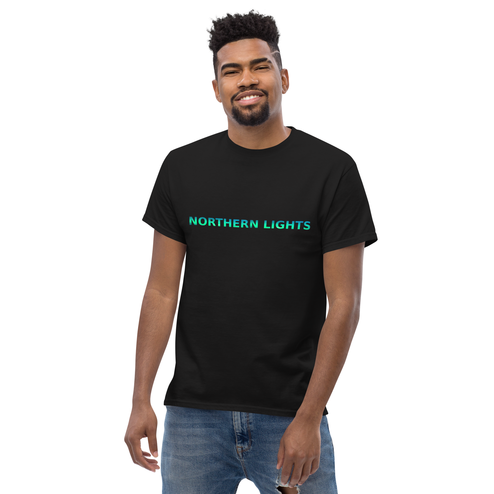 black tshirt featuring northern lights