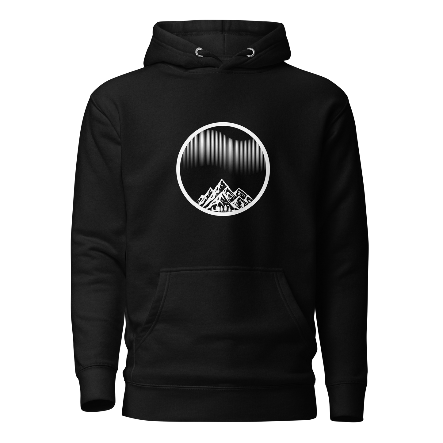 Hoodie with a Norther Lights illustration and a mountain. White illustration, black hoodie.